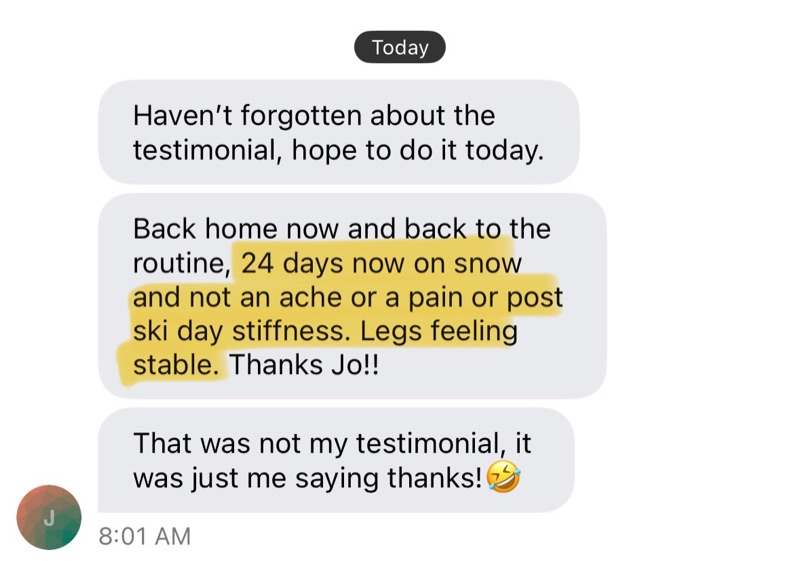 Skier: 24 days on snow, no aches or stiffness