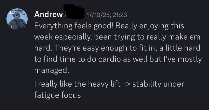 Client: everything feels good, enjoying the heavy lifts